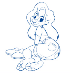 Size: 1188x1272 | Tagged: safe, artist:kuroi_wolf, roxanne (a goofy movie), canine, dog, mammal, anthro, a goofy movie, disney, barefoot, beauty mark, big butt, butt, clothes, feet, female, shoes, smiling, soles, solo, solo female, toes