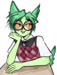 Size: 1280x1675 | Tagged: safe, artist:slenderblah, dorky (teen-z), animal humanoid, canine, dog, fictional species, mammal, humanoid, teen-z, bow, bow tie, clothes, ears, freckles, glasses, male, round glasses, solo, solo male, tail