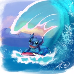 Size: 2048x2048 | Tagged: safe, artist:hyzenthlay89, stitch (lilo & stitch), alien, experiment (lilo & stitch), fictional species, feral, disney, lilo & stitch, 2021, blue body, blue claws, blue fur, blue nose, claws, ear marking, ears, fluff, fur, happy, head fluff, high res, male, open mouth, open smile, outdoors, short tail, signature, smiling, solo, solo male, surfboard, surfing, tail, torn ear, water, wave