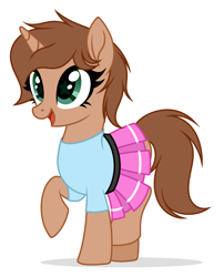 Size: 2955x3660 | Tagged: safe, artist:rioshi, artist:starshade, oc, oc only, oc:heroic armour, equine, fictional species, mammal, pony, unicorn, hasbro, my little pony, 2021, base used, bottomwear, clothes, colt, crossdressing, fake eyelashes, foal, high res, male, shirt, simple background, skirt, solo, solo male, starry eyes, teenager, topwear, white background, wingding eyes, young