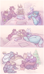 Size: 2105x3501 | Tagged: safe, artist:saltypantz, lagomorph, mammal, rabbit, anthro, cake, christmas, fat, female, food, group, high res, holiday, hyper, immobile, male, morbidly obese, party, weight gain