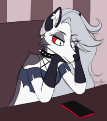 Size: 3844x4348 | Tagged: safe, artist:starshade, loona (vivzmind), canine, fictional species, hellhound, mammal, anthro, hazbin hotel, helluva boss, 2021, absurd resolution, black nose, cell phone, clothes, collar, colored sclera, crop top, cropped shirt, ears, eye through hair, eyebrow through hair, eyebrows, eyelashes, female, fingerless gloves, fluff, fur, gloves, gray body, gray fur, gray hair, hair, long hair, midriff, multicolored fur, phone, red sclera, shoulder fluff, smartphone, solo, solo female, spiked collar, topwear, torn clothes, torn ear, white body, white eyes, white fur