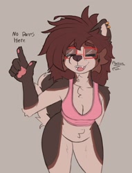 Size: 2281x2982 | Tagged: suggestive, artist:phantomfuz, oc, oc only, oc:bella (phantomfuz), canine, dog, mammal, anthro, 2021, bipedal, bottomless, breasts, brown body, brown fur, brown hair, cleavage, clothes, digital art, ear piercing, eyes closed, eyewear, female, fur, glasses, hair, high res, nudity, open mouth, open smile, partial nudity, piercing, simple background, smiling, solo, solo female, text, tongue, topwear