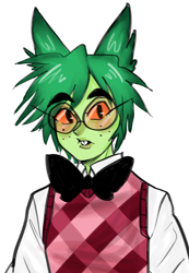 Size: 1276x1844 | Tagged: safe, artist:slenderblah, dorky (teen-z), animal humanoid, canine, dog, fictional species, mammal, humanoid, teen-z, bow, bow tie, clothes, ears, freckles, glasses, male, round glasses, solo, solo male, topwear