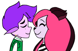 Size: 1184x779 | Tagged: safe, artist:adamfrankenstein, luvboy (teen-z), pinky (teen-z), animal humanoid, cat, elf, feline, fictional species, mammal, humanoid, teen-z, couple, duo, eyes closed, female, imminent kissing, male, male/female, simple background, transparent background, vector