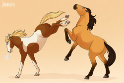 Size: 1280x860 | Tagged: safe, artist:jenery, rain (cimarron), spirit (cimarron), equine, horse, mammal, feral, dreamworks animation, spirit: stallion of the cimarron, 2d, female, kicking, male, mare, stallion
