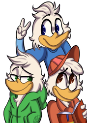 Size: 700x986 | Tagged: safe, artist:millefaller, dewey duck (disney), huey duck (disney), louie duck (disney), bird, duck, waterfowl, anthro, disney, mickey and friends, 2d, brother, brothers, gesture, male, males only, peace sign, siblings, simple background, transparent background, trio, trio male, triplets, young