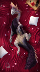 Size: 2160x3840 | Tagged: safe, artist:ivorylagiacrus, fictional species, mizutsune, monster, reptile, feral, monster hunter, 3d, alcohol, bubbles, female, high res, in bed, lying down, on back, solo, solo female, wine, wine bottle