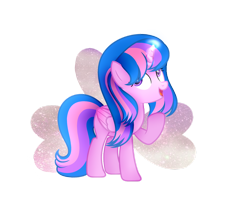 Size: 1280x1088 | Tagged: safe, artist:coral-sparkleyt, artist:pegasski, oc, oc only, oc:hsu amity, alicorn, equine, fictional species, mammal, pony, feral, friendship is magic, hasbro, my little pony, 2021, base used, feathered wings, feathers, female, folded wings, fur, hair, horn, mare, multicolored hair, multicolored mane, multicolored tail, one hoof raised, open mouth, pink body, pink fur, simple background, smiling, solo, solo female, tail, transparent background, wings