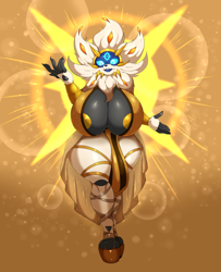 Size: 1920x2363 | Tagged: suggestive, artist:suirano, fictional species, legendary pokémon, solgaleo, anthro, nintendo, pokémon, 2020, areola, areola slip, big breasts, breasts, cheek fluff, clothes, digital art, ears, eyelashes, female, fluff, fur, glowing, glowing eyes, hair, high heels, horn, huge breasts, loincloth, looking at you, neck fluff, shirt, shoes, simple background, smiling, smiling at you, solo, solo female, tail, thighs, thunder thighs, topwear, wide hips