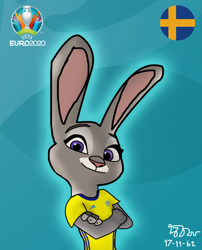Size: 900x1113 | Tagged: safe, artist:copy1234v2, judy hopps (zootopia), lagomorph, mammal, rabbit, disney, zootopia, crossed arms, euro 2020, female, looking at you, pink nose, purple eyes, signature, soccer, solo, solo female, sweden, swedish flag