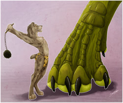 Size: 1034x868 | Tagged: safe, artist:oliverfox, dinosaur, feline, mammal, raptor, saber-toothed cat, theropod, anthro, comic:a morning annoyance, clothes, duo, flail, loincloth, micro, size difference, tail