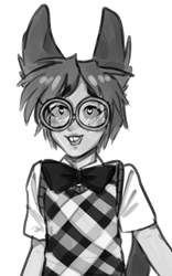 Size: 1453x2333 | Tagged: safe, artist:slenderblah, dorky (teen-z), animal humanoid, canine, dog, fictional species, mammal, humanoid, teen-z, bow, bow tie, clothes, ears, freckles, glasses, heart, heart eyes, male, monochrome, round glasses, solo, solo male, topwear, wingding eyes