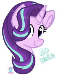 Size: 1560x1900 | Tagged: safe, artist:rainbow eevee, starlight glimmer (mlp), equine, fictional species, mammal, pony, unicorn, feral, friendship is magic, hasbro, my little pony, 30 minute art challenge, bust, challenge, cute, female, grin, hair, looking at you, mare, multicolored hair, portrait, purple eyes, simple background, smiling, smiling at you, solo, solo female, text, transparent background