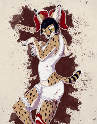 Size: 589x750 | Tagged: safe, artist:oliverfox, oc, oc:lilith mincemeat, feline, mammal, serval, anthro, clothes, female, fur, hair, red hair, solo, solo female, spotted fur, tail, yellow body, yellow fur