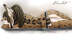 Size: 811x394 | Tagged: safe, artist:oliverfox, oc, oc:chocolate (oliverfox), feline, mammal, saber-toothed cat, anthro, female, fur, solo, solo female, spotted fur, tail, yellow body, yellow fur