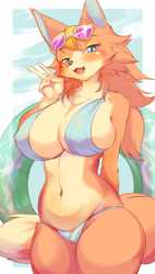 Size: 1480x2600 | Tagged: safe, artist:銀狐, audie (animal crossing), canine, mammal, wolf, anthro, animal crossing, animal crossing: new horizons, nintendo, 2020, adorasexy, belly button, big breasts, bikini, black nose, blonde hair, blue eyes, blushing, breasts, chest fluff, cleavage fluff, clothes, cream body, cream fur, cute, cute little fangs, ear fluff, eyebrows, eyelashes, eyeshadow, fangs, female, fluff, fur, gesture, glasses, glasses on head, hair, looking at you, makeup, multicolored fur, open mouth, open smile, orange body, orange fur, sexy, shoulder fluff, smiling, smiling at you, solo, solo female, sunglasses, sunglasses on head, swimsuit, tail, tail fluff, teeth, thick thighs, thighs, tongue, two toned body, two toned fur, v sign, wide hips