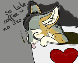 Size: 500x406 | Tagged: source needed, safe, artist:oliverfox, oc, oc:oliver fox, canine, fox, mammal, feral, coffee, drink, low res, male, micro, solo, solo male, tail