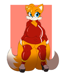 Size: 1480x1784 | Tagged: safe, artist:suirano, miles "tails" prower (sonic), canine, fox, mammal, anthro, sega, sonic the hedgehog (series), 2021, black nose, blue eyes, breasts, clothes, dipstick tail, ears, eyebrows, eyelashes, female, fluff, fur, hair, high heels, hoodie, huge breasts, legwear, looking at you, multicolored fur, multiple tails, orange tail, rule 63, shoes, smiling, solo, solo female, tail, tail fluff, thick thighs, thigh highs, thighs, topwear, two tails, two toned body, two toned fur, vixen, voluptuous, white body, white fur, white tail, wide hips, yellow body, yellow fur