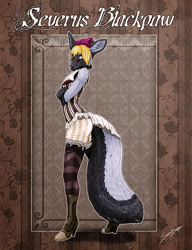 Size: 613x800 | Tagged: safe, artist:oliverfox, oc, oc:severus blackpaw, canine, fox, mammal, anthro, boots, bottomwear, clothes, male, shoes, skirt, solo, solo male, tail