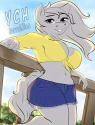 Size: 2800x3680 | Tagged: suggestive, artist:jerraldina, equine, human, mammal, pony, anthro, belly button, bottomwear, breasts, clothes, female, high res, outdoors, shorts, summer, ych
