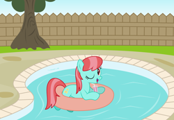 Size: 5840x4044 | Tagged: safe, artist:thatusualguy06, earth pony, equine, fictional species, mammal, pony, feral, friendship is magic, hasbro, my little pony, absurd resolution, atg 2021, colored outline, drink, drinking straw, female, floatie, mare, natg 2021, newbie artist training grounds, on model, one eye closed, open mouth, simple background, solo, solo female, strawberry ice (mlp), swimming pool, transparent background, tree, vector, winking