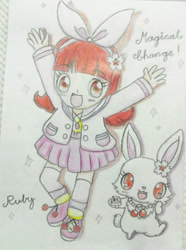 Size: 891x1200 | Tagged: safe, artist:cindy rabbito, ruby (jewelpet), human, lagomorph, mammal, rabbit, semi-anthro, jewelpet (sanrio), sanrio, bottomwear, bow, clothes, duality, ears, female, flower, flower in hair, hair, hair accessory, humanized, irl, photo, photographed artwork, self paradox, shirt, simple background, skirt, solo, solo female, species swap, topwear, traditional art, white background