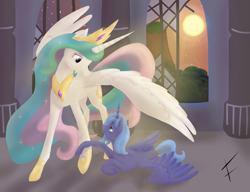 Size: 4325x3325 | Tagged: safe, artist:fullmoondagger, princess celestia (mlp), princess luna (mlp), alicorn, equine, fictional species, mammal, pony, feral, friendship is magic, hasbro, my little pony, 2015, crown, duo, duo female, ethereal mane, feathered wings, feathers, female, females only, high res, hoof shoes, horn, jewelry, looking at each other, looking up, mare, regalia, scene interpretation, sparkly hair, sparkly mane, sparkly tail, spread wings, tail, wings