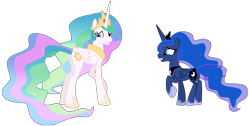 Size: 9000x4529 | Tagged: safe, artist:alicornoverlord, princess celestia (mlp), princess luna (mlp), alicorn, equine, fictional species, mammal, pony, feral, friendship is magic, hasbro, my little pony, .ai available, .svg available, 2015, absurd resolution, crown, duo, duo female, ethereal mane, ethereal tail, feathered wings, feathers, female, females only, folded wings, grin, hoof shoes, hooves, jewelry, mare, nervous, on model, peytral, raised hoof, regalia, simple background, smiling, sparkly hair, sparkly mane, sparkly tail, transparent background, vector, wings