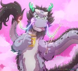 Size: 997x900 | Tagged: safe, artist:ursofofinho, long (wish dragon), dragon, eastern dragon, fictional species, feral, wish dragon, 2021, black hair, black mane, chopsticks, fangs, fluff, fur, glasses, gray body, gray fur, green eyes, hair, hand hold, holding, holding object, looking at you, male, mane, round glasses, sharp teeth, solo, solo male, teeth, tongue, tongue out, whiskers