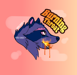 Size: 2028x1986 | Tagged: safe, artist:marykimer, mammal, procyonid, raccoon, black outline, blood, crying, english text, fangs, fire, fire breathing, flat colors, fluff, fur, gradient background, headshot, lava, lidded eyes, neck fluff, open mouth, purple body, purple eyes, purple fur, sharp teeth, signature, solo, tears, teeth, text, watermark