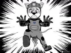 Size: 1280x960 | Tagged: safe, artist:shein07, chase (paw patrol), canine, dog, german shepherd, mammal, anthro, nickelodeon, paw patrol, 2021, black nose, boots, clothes, collar, digital art, ears, fur, gloves, male, open mouth, outer space, screaming, sharp teeth, shocked, shoes, solo, solo male, spacesuit, teeth, this will end in death, this will not end well, tongue