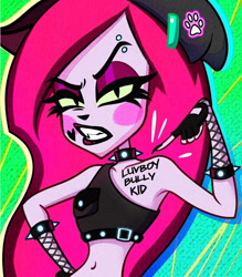 Size: 630x720 | Tagged: safe, official art, pinky (teen-z), cat, feline, mammal, humanoid, teen-z, angry, body writing, clothes, cropped, ears, female, gloves, hat, lipstick, makeup, piercing, sharp teeth, solo, solo female, tattoo, teeth, topwear