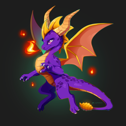 Size: 4000x4000 | Tagged: safe, artist:yupheloni, spyro the dragon (spyro), dragon, fictional species, western dragon, feral, spyro the dragon (series), 2021, absurd resolution, fire, fire breathing, gradient background, horns, magenta eyes, male, purple scales, scales, solo, solo male, spread wings, tail, webbed wings, wings, yellow scales