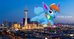 Size: 2710x1440 | Tagged: safe, artist:rainbow eevee, rainbow dash (mlp), oc, oc:rainbow eevee, eevee, eeveelution, equine, fictional species, mammal, pokémon pony, pony, friendship is magic, hasbro, my little pony, nintendo, pokémon, 2021, casino, city, dialogue, evening, excited, hair, happy, highrise, hotel, irl, las vegas, looking up, magenta eyes, nevada, photo, rainbow hair, smiling, solo, stratosphere tower, talking, text, travel, united states of america, vacation