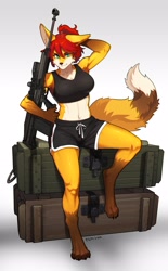 Size: 1752x2831 | Tagged: safe, artist:pgm300, canine, fox, mammal, anthro, digitigrade anthro, 2020, anti material rifle, belly button, big breasts, black nose, body markings, bottomwear, bra, breasts, chest fluff, claws, cleavage, clothes, commission, crop top, digital art, female, floppy ears, fluff, fur, gloves (arm marking), gm6 lynx, green eyes, gun, hair, hand behind head, leg marking, legs, looking at you, midriff, multicolored body, multicolored fur, pale belly, paws, ponytail, pose, ranged weapon, red hair, rifle, sexy, shorts, signature, simple background, sitting, sniper rifle, socks (leg marking), solo, solo female, sports bra, sports shorts, tail, tail fluff, thighs, toe claws, topwear, two toned body, two toned fur, underwear, vixen, weapon, wide hips