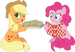 Size: 2753x1924 | Tagged: safe, artist:thatusualguy06, applejack (mlp), pinkie pie (mlp), earth pony, equine, fictional species, mammal, pony, feral, friendship is magic, hasbro, my little pony, atg 2021, baked bads, cookbook, derp, drunk, duo, duo female, female, females only, go home you're drunk, mare, muffin, natg 2021, newbie artist training grounds, shocked, simple background, transparent background, tray, vector