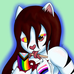 Size: 1280x1280 | Tagged: safe, artist:tunrae, oc, oc only, oc:tun rae, big cat, feline, mammal, tiger, anthro, bust, eyeshadow, female, flag, fur, genderfluid, genderfluid pride flag, hair, makeup, multiple tongues, one eye closed, pansexual pride flag, partial nudity, polyamory, pride flag, pride month, red eyes, red hair, simple background, solo, solo female, striped fur, tattoo, tongue, topless, two tongues, white tiger, winking