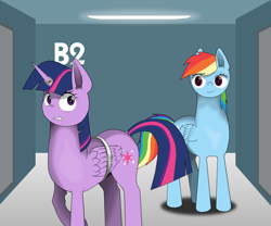 Size: 3000x2500 | Tagged: safe, artist:zeronitroman, rainbow dash (mlp), twilight sparkle (mlp), alicorn, equine, fictional species, mammal, pegasus, pony, feral, friendship is magic, hasbro, my little pony, 2017, bondage, bound wings, duo, duo female, feathered wings, feathers, female, females only, folded wings, high res, horn, horn ring, jail, magic suppression, prison, ring, smiling, wings