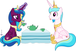 Size: 6000x4000 | Tagged: safe, artist:parclytaxel, oc, oc only, oc:prince endearment, oc:twilight teatime, alicorn, equine, fictional species, mammal, pony, feral, hasbro, my little pony, .svg available, absurd resolution, duo, eye contact, female, levitation, male, mare, monthly reward, simple background, sitting, smiling, stallion, table, tea party, teacup, teapot, transparent background, vector