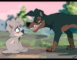 Size: 1280x1009 | Tagged: safe, artist:mr.lucifer, buster (lady and the tramp), scamp (lady and the tramp), canine, doberman, dog, mammal, feral, disney, lady and the tramp, 2d, duo, duo male, letterboxing, male, males only