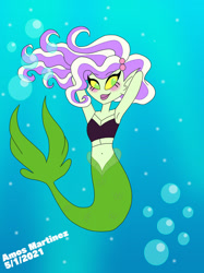 Size: 1024x1366 | Tagged: safe, artist:amos19, mermaid (teen-z), fictional species, fish, mammal, mermaid, humanoid, teen-z, breasts, bubbles, clothes, female, fins, fish tail, hair, hair accessory, makeup, solo, solo female, tail, topwear, water
