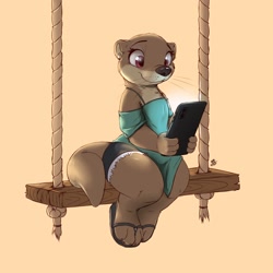 Size: 2500x2500 | Tagged: safe, artist:louart, mammal, mustelid, otter, semi-anthro, bottomwear, cell phone, clothes, female, high res, phone, sandals, shirt, shoes, shorts, sitting, solo, solo female, topwear