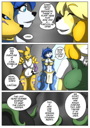 Size: 905x1280 | Tagged: safe, artist:crimellgrim, artist:joykill, collaboration, isabelle (animal crossing), krystal (star fox), canine, dog, fictional species, fox, mammal, renamon, shih tzu, anthro, comic:queen of smash, animal crossing, digimon, nintendo, star fox, 2021, belly button, big breasts, black nose, black sclera, bottomwear, bra, breasts, cave, choker, claws, clothes, colored sclera, comic, dialogue, digital art, ears, erect nipples, eyes closed, featureless breasts, featureless crotch, female, females only, fluff, fur, hair, hand on hip, jewelry, neck fluff, necklace, nipple outline, open mouth, shirt, shoulder pads, skirt, speech bubble, suspicious, tail, talking, tentacles, text, thighs, tongue, topwear, trio, trio female, underwear, vixen, wide hips
