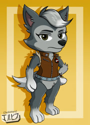 Size: 925x1280 | Tagged: safe, artist:jackintaro, gasket (paw patrol), canine, dog, husky, mammal, nordic sled dog, anthro, digitigrade anthro, nickelodeon, paw patrol, 2021, black nose, chibi, clothes, digital art, eyelashes, featureless crotch, female, fur, hair, jacket, looking at you, older, paws, simple background, solo, solo female, tail, topwear