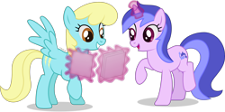 Size: 4220x2096 | Tagged: safe, artist:thatusualguy06, sea swirl (mlp), equine, fictional species, mammal, pegasus, pony, unicorn, feral, friendship is magic, hasbro, my little pony, atg 2021, duo, duo female, female, females only, gritted teeth, hooves, magic, magic aura, mare, natg 2021, newbie artist training grounds, on model, open mouth, photo, raised hoof, sassaflash (mlp), simple background, spread wings, teeth, transparent background, vector, wings