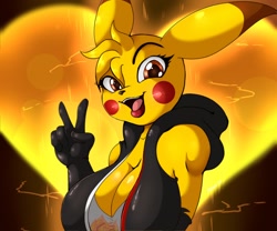 Size: 1280x1066 | Tagged: safe, artist:suirano, fictional species, mammal, pikachu, anthro, nintendo, pokémon, 2019, big breasts, black nose, breasts, clothes, digital art, ears, eyelashes, female, fur, gesture, gloves, hair, hoodie, huge breasts, jacket, long gloves, open mouth, peace sign, shirt, simple background, solo, solo female, tongue, topwear