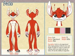 Size: 1280x959 | Tagged: safe, artist:clawdore, oc, oc only, oc:ferlo, alien, experiment (lilo & stitch), fictional species, anthro, disney, lilo & stitch, 2017, 4 toes, 5 fingers, antennae, athletic, athletic anthro, athletic male, bipedal, black claws, black eyes, chest fluff, claws, color swatch, dipstick antennae, english text, featureless crotch, feet, fingers, fluff, front view, fur, head fluff, male, multicolored antennae, multicolored body, multicolored fur, no sclera, orange body, orange fur, paw pads, paws, pink nose, pink paw pads, rear view, reference sheet, smiling, solo, solo male, standing, symbol, text, toe claws, toes, two toned body, two toned fur, white body, white fur