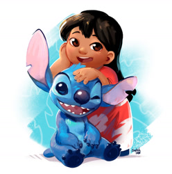 Size: 1280x1290 | Tagged: safe, artist:siplick, lilo pelekai (lilo & stitch), stitch (lilo & stitch), alien, experiment (lilo & stitch), fictional species, human, mammal, cc by-nc-nd, creative commons, disney, lilo & stitch, 2020, 4 fingers, 4 toes, ambiguous gender, black hair, blue body, blue claws, blue eyes, blue fur, blue nose, blue paw pads, brown eyes, child, claws, clothes, ears, female, fluff, fur, hair, head fluff, leaning, looking at you, muumuu, one eye closed, open mouth, open smile, short tail, signature, sitting, smiling, tail, toe claws, torn ear, young
