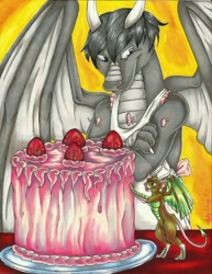 Size: 750x972 | Tagged: safe, artist:blondevelvet, dragon, fictional species, furred dragon, reptile, scaled dragon, anthro, berry, cake, food, fruit, micro, size difference, strawberry